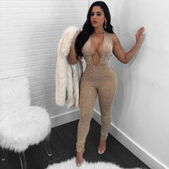 Nightclub Rhinestone Deep V Plunge Plunge neck Jumpsuit