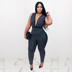Nightclub Rhinestone Deep V Plunge Plunge neck Jumpsuit