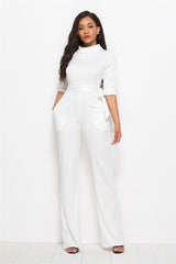 Solid Color Half Sleeve StCollar One-Piece Wide-Leg Jumpsuit