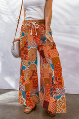 Pantalon large à cordon de serrage et patchwork bohème