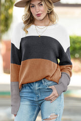 Kastanienbrauner Farbblock-Lässiger Strickpullover
