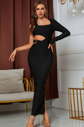 Ring Detail Cutout One-Sleeve Slit Maxi Dress