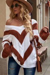 Pull tunique à col en V en maille torsadée à chevrons