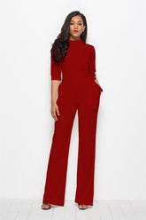 Einfarbiger Jumpsuit mit weitem Bein und halblangen Ärmeln und Kragen