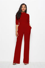 Solid Color Half Sleeve StCollar One-Piece Wide-Leg Jumpsuit