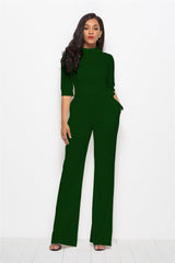Solid Color Half Sleeve StCollar One-Piece Wide-Leg Jumpsuit
