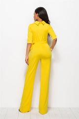Solid Color Half Sleeve StCollar One-Piece Wide-Leg Jumpsuit