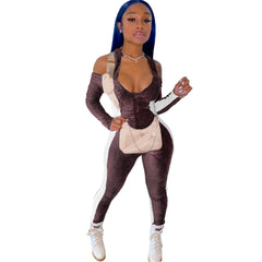 Nightclub Zipper High Elastic Suede Halter Backless Stitching Jumpsuit