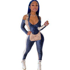 Nightclub Zipper High Elastic Suede Halter Backless Stitching Jumpsuit