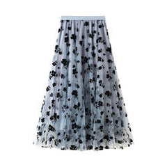 Flocking Mesh Skirt Mid-Length Slimming Draping Gauze Skirt Super-Fairy Fairy Pleated Skirt