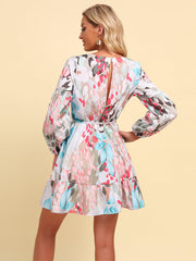 Robe imprimée à manches bouffantes et lien à la taille