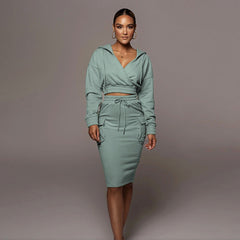 Solid Color V-neck Hooded Hip Wrapped Mid Length Skirt Urban Casual Long Sleeve Sweatshirt Suit
