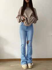 Pantalon en jean taille haute extensible, confortable, amincissant, légèrement évasé, déchiré au genou, facile à porter