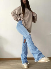 Pantalon en jean taille haute extensible, confortable, amincissant, légèrement évasé, déchiré au genou, facile à porter