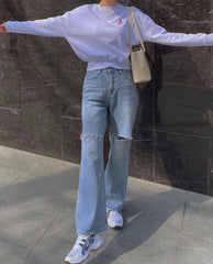 High Waist Loose Street Washed Straight Ripped Denim Trousers Non-Elastic Retro Drape Slightly Flared