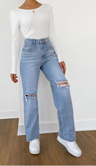 High Waist Loose Street Washed Straight Ripped Denim Trousers Non-Elastic Retro Drape Slightly Flared