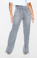 Pantalon en jean taille haute gris SG, coupe droite, pantalon serpillière, ourlet déchiré, fente, pantalon lisse micro-évasé