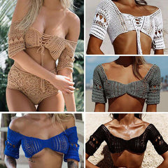 Handmade Crochet Hollow Out Cutout out Strap Bikini Beach Swimsuit Tops