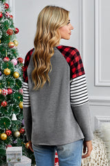 Grey Merry Christmas Striped Plaid Casual Graphic Long Sleeve Sweatshirt