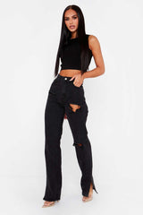 High Waist Straight Slimming Cool Black Denim Trousers Mop Hem Split Smooth Micro-Flared Pants