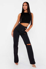 High Waist Straight Slimming Cool Black Denim Trousers Mop Hem Split Smooth Micro-Flared Pants