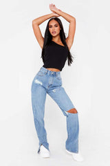 High Waist Straight Slimming Cool Black Denim Trousers Mop Hem Split Smooth Micro-Flared Pants