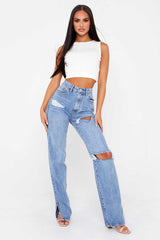 High Waist Straight Slimming Cool Black Denim Trousers Mop Hem Split Smooth Micro-Flared Pants