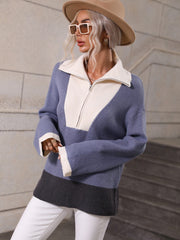Pull en tricot à épaules tombantes et demi-zip à blocs de couleurs