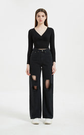 High Waist Jeans Ripped Straight Trousers