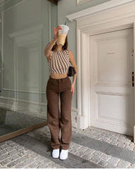 Pantalon en jean marron ample et droit taille haute, drapé, style baskets de rue chocolat