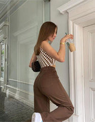 Pantalon en jean marron ample et droit taille haute, drapé, style baskets de rue chocolat