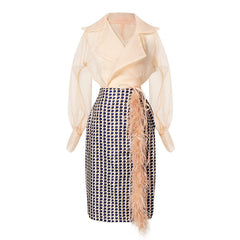 Costume costume grand col transparent manteau en mousseline de soie plumes gland jupe fendue sur le côté ensemble deux pièces