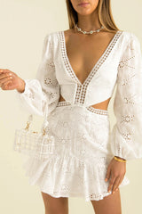 Fall French V neck Lace Stitching Waist Open Dress Eyelet Embroidery