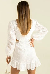 Fall French V neck Lace Stitching Waist Open Dress Eyelet Embroidery