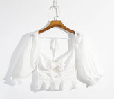 Square Collar Front Chest Knotted Short Top Puff Sleeve Hem Ruffled Cropped Shirt