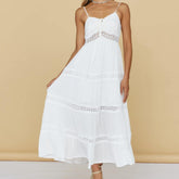 Sommerkleid, schlicht, V-Ausschnitt, Brust, Schnürung, weißes A-Linien-Kleid