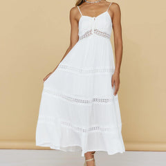 Sundress Simple V neck Chest Lace up White A line Dress
