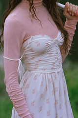 V-neck Brace A- line Dress Pleated Romantic Floral Print Lace-up Dress