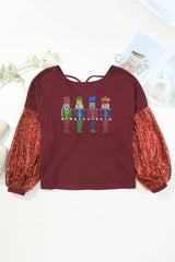 Burgundy Sequins Sleeve Christmas Nutcracker Graphic Knit Top