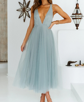 Robe longue française à col en V profond et dos nu, taille haute et vaporeuse, pour femme