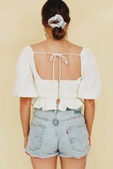 Square Collar Front Chest Knotted Short Top Puff Sleeve Hem Ruffled Cropped Shirt