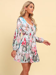 Robe imprimée à manches bouffantes et lien à la taille