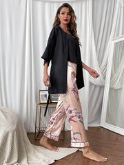 Cami, Robe, Printed Pants Pajama Set
