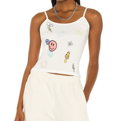 Süßes Smiley-Gesicht, kurzer Träger, schmal, bedruckt, hochelastisch, kurz, kleines Tanktop, Grafik-Smiley