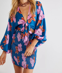 French Floral Print Lace-up Hollow Out Cutout Long Sleeve Dress Casual