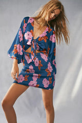 French Floral Print Lace-up Hollow Out Cutout Long Sleeve Dress Casual