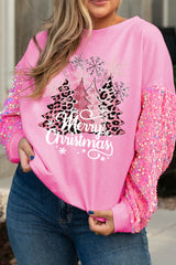 Rosa lässiges Sweatshirt mit Rundhalsausschnitt und Paillettenärmeln