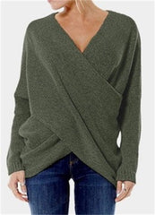Alle passenden einfarbigen, einfachen, warmen V-Ausschnitt, überkreuzter, überkreuzter Pullover mit langen Ärmeln, Strickpullover
