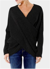 Alle passenden einfarbigen, einfachen, warmen V-Ausschnitt, überkreuzter, überkreuzter Pullover mit langen Ärmeln, Strickpullover