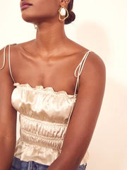 Amoi Französisches Retro-Oberteil mit elastischer Taillenstraffung und Seidensatin-Textur, Spaghettiträger, Brustwickel, äußeres Unterhemd, Bindeband